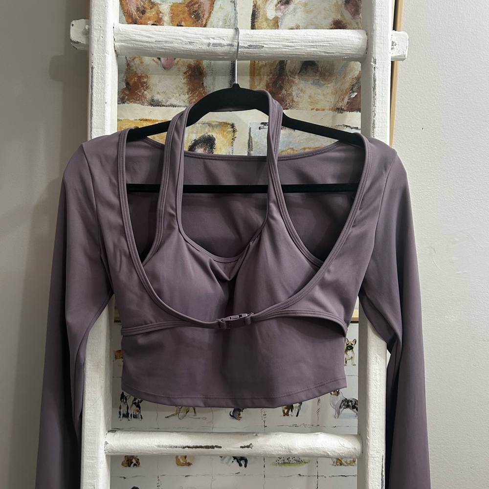 Purple Long Sleeve Active Crop Top with Built-in Bra and Thumb Holes